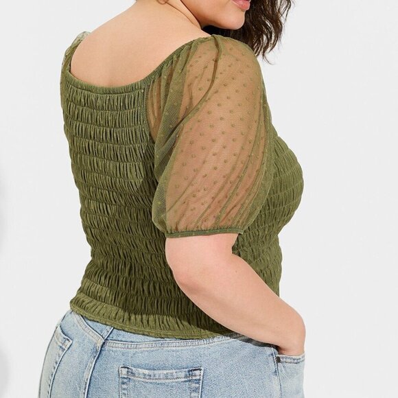 TORRID Dot Mesh Olive Square Neck Smocked Crop Top - Picture 4 of 5